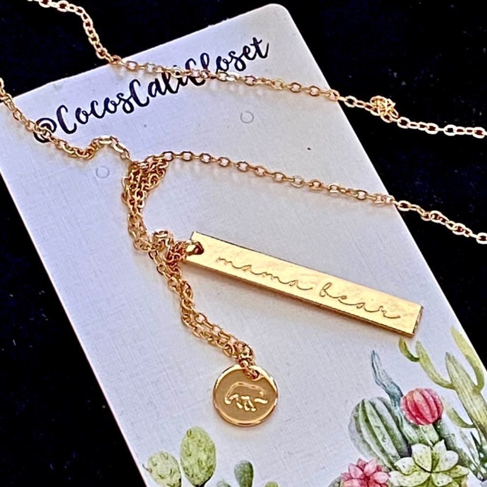 Mama Bear Dainty Two Charm Stamped Gold Charm Necklace NWT - Picture 3 of 10
